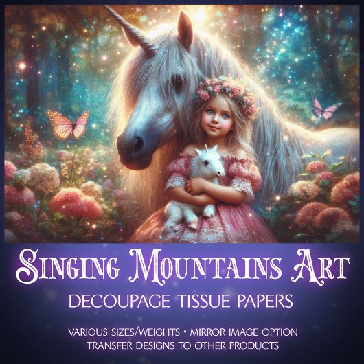 Dreamy Forest Unicorns and Child Decoupage  Seidenpapier