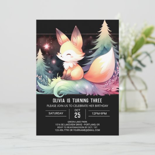 Dreamy Fun Fox Geburtstag digital Einladung (Stehend Vorderseite)