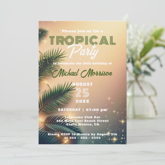 Dreamy Funkelnd Palm Blätter Tropical Birthday Par Einladung (Stehend Vorderseite)
