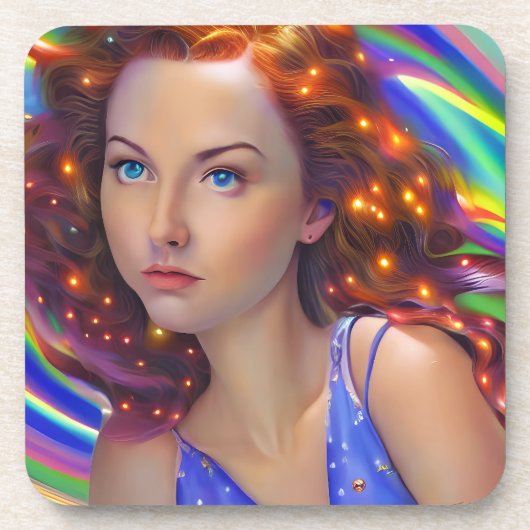 Dreamy Girl mit Rainbow Lights Getränkeuntersetzer (Vorderseite)