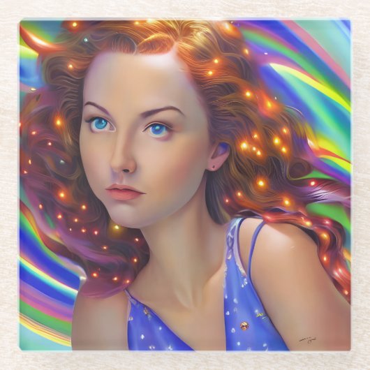 Dreamy Girl mit Rainbow Lights Glasuntersetzer (Vorderseite)