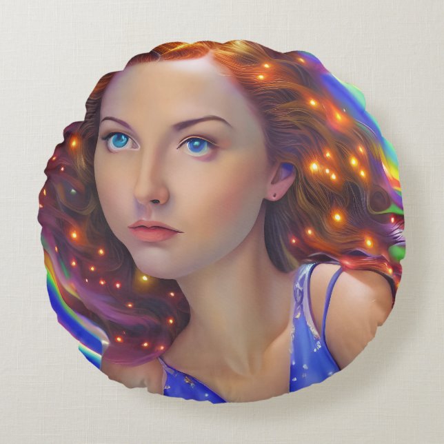Dreamy Girl mit Rainbow Lights Rundes Kissen (Vorderseite)