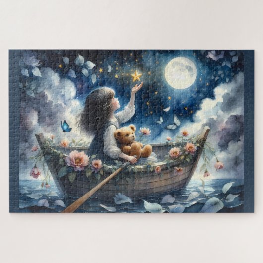 Dreamy Girl Rowing Boat Moonlit Fantasy Scene Puzzle (Horizontal)