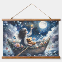 Dreamy Girl Rowing Boat Moonlit Fantasy Scene Wandteppich Mit Holzrahmen