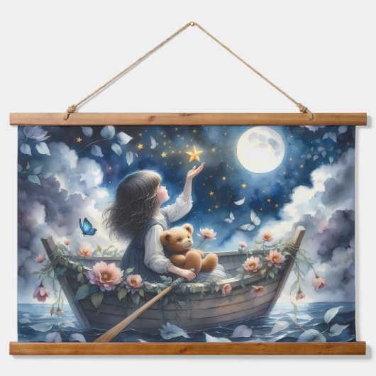 Dreamy Girl Rowing Boat Moonlit Fantasy Scene Wandteppich Mit Holzrahmen (Vorne)