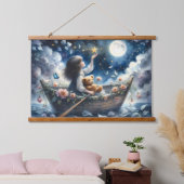 Dreamy Girl Rowing Boat Moonlit Fantasy Scene Wandteppich Mit Holzrahmen (Schlafzimmer)