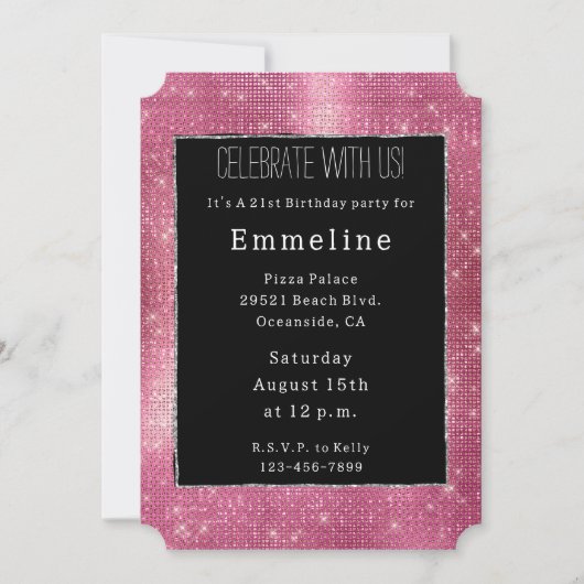 Dreamy Glitzy Pink Black Silver Sparkle Einladung (Vorderseite)