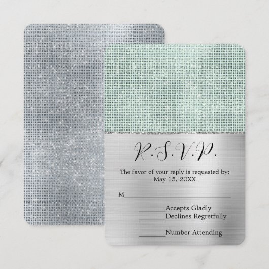 Dreamy Glitzy Silver Mint Sparkle Wedding RSVP Karte (Vorne/Hinten)