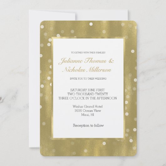 Dreamy Gold und White Confetti Bokeh Wedding Einladung (Vorderseite)