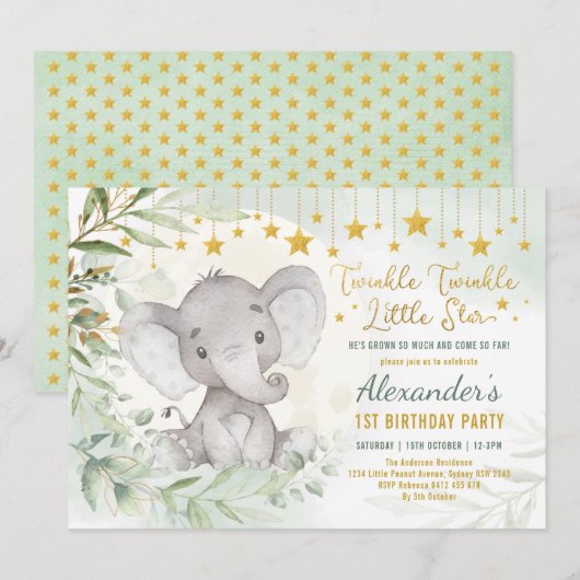 Dreamy Greenerie Moon & Stars Elefant 1. Geburtsta Einladung (Vorne/Hinten)