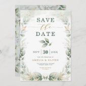Dreamy Greenery Gold Eukalyptus Save the Date Einladung (Vorne/Hinten)