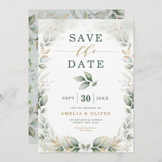 Dreamy Greenery Gold Eukalyptus Save the Date Einladung (Vorne/Hinten)
