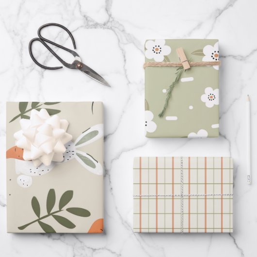 Dreamy Grüntöne Floral Bunny Set von 3 Geschenkpapier Set (Vorderseite)