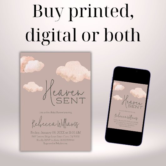 Dreamy Heaven Sent Sky Themed Beige Baby Dusche Einladung