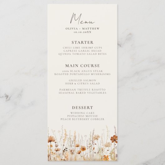 Dreamy Herbst Wildblume Hochzeit Menükarte (Vorderseite)