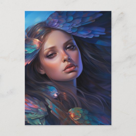 Dreamy Indigo Blue Butterfly Wings Fantasy Woman Postkarte (Vorderseite)