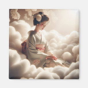 Dreamy Japanese Kimono Woman Floating in Clouds - Magnet