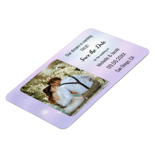 Dreamy Lilac Blue Lights Foto Save the Date Magnet (Linke Seite)