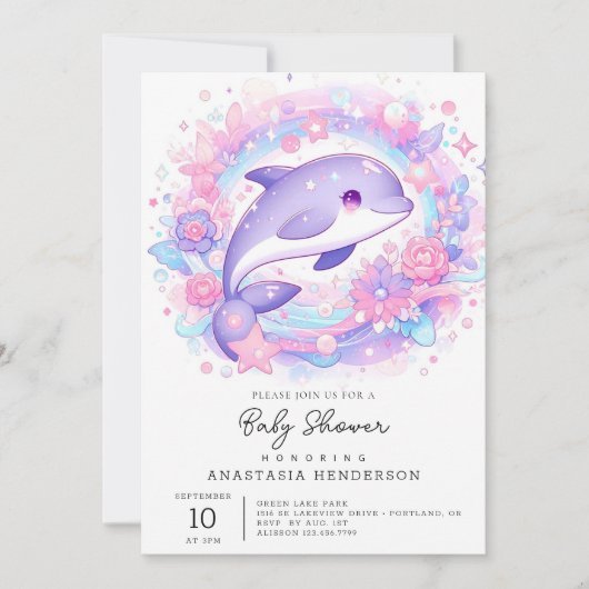 Dreamy Little Dolphin Baby Dusche Einladung (Vorderseite)