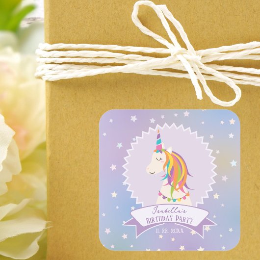 Dreamy Magical Rainbow Unicorn Girly Birthday Quadratischer Aufkleber