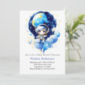 Dreamy Moon and Stars Adventure Boy Baby Shower Einladung (Stehend Vorderseite)