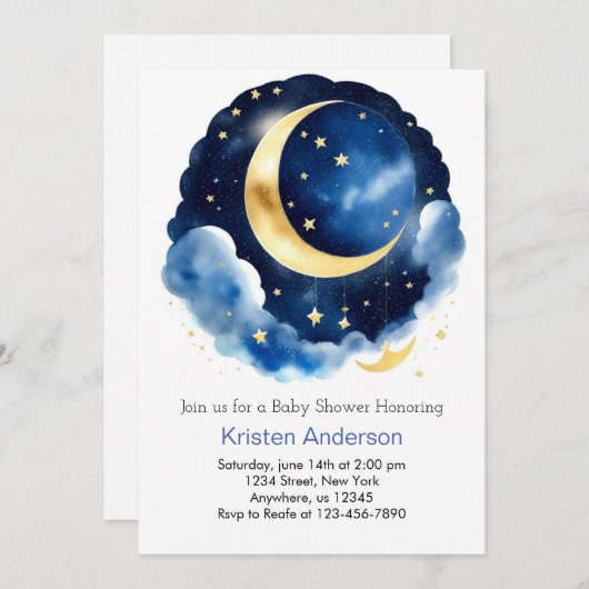 Dreamy Moon and Stars Blue Boy Baby Dusche Einladung (Vorne/Hinten)