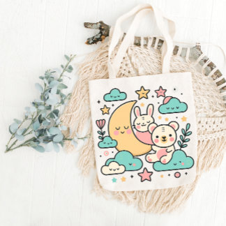 Dreamy Moon Bunny and Bear Tote Bag Tasche