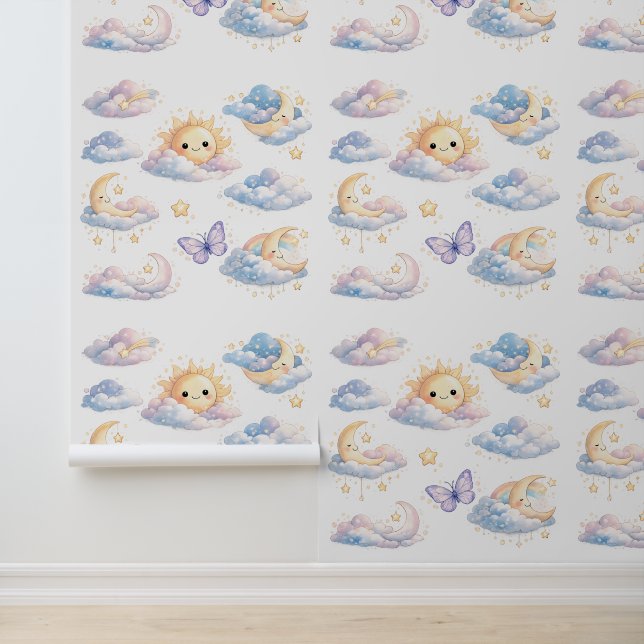 Dreamy Moon & Sun Pastel Clouds Nursery Baby Room Tapete (Anwendung)