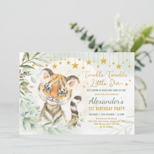 Dreamy Moon Tiger Twinkle Little Star 1. Geburtsta Einladung (Stehend Vorderseite)