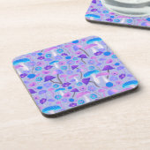 Dreamy Mushrooms Blumenwald Lila Türkis Getränkeuntersetzer (Linke Seite)