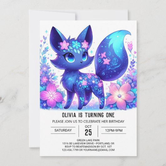 Dreamy Mythical Fox 1. Geburtstag Einladung (Vorderseite)