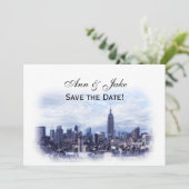 Dreamy Navy Blue NYC Skyline Save the Date H Einladung (Stehend Vorderseite)