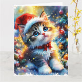 Dreamy Niedlich Kitten Weihnachts Wasserfarbe Karte (Gelbe Blume)