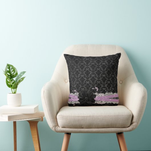 Dreamy Night Black Blume Damask Kissen (Stuhl )