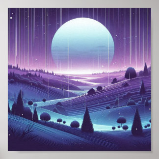 Dreamy Night Landscape - Moonlit Hills and Fallin Poster