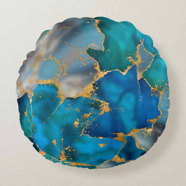 Dreamy Ocean Blue and Gold Rundes Kissen (Vorderseite)