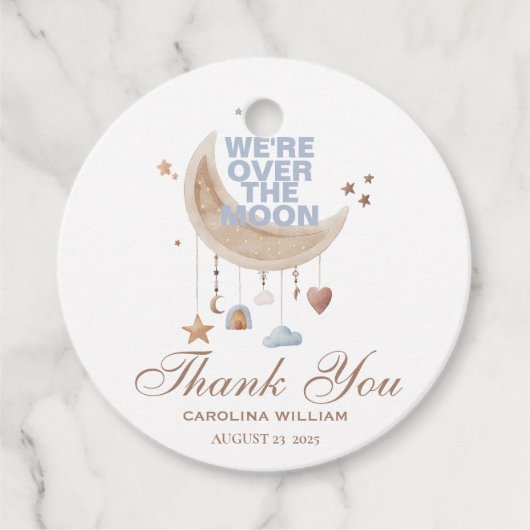 Dreamy Over the Moon Blue Babydusche Geschenkanhänger (Vorderseite)