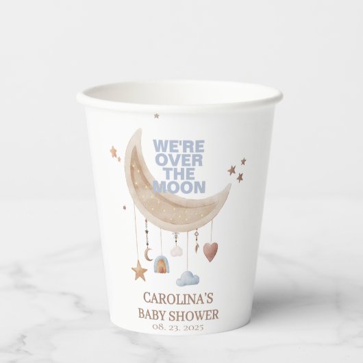 Dreamy Over the Moon Blue Babydusche Pappbecher (Vorderseite)