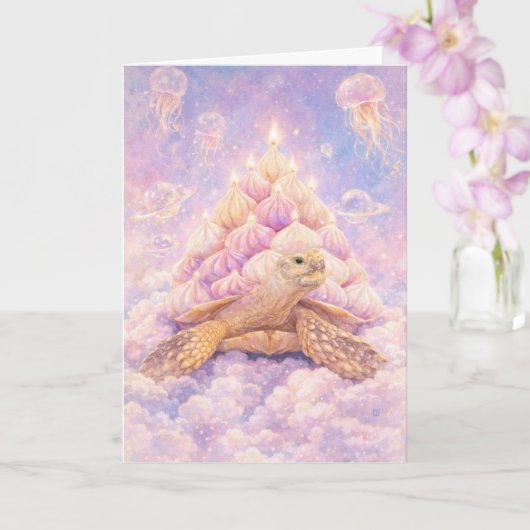 Dreamy Pastel Zefir Birthday turtle in clouds  Karte (Orchidee)