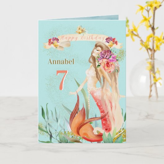Dreamy personaillierte Aquarell Mermaid Birthday Karte (Gelbe Blume)