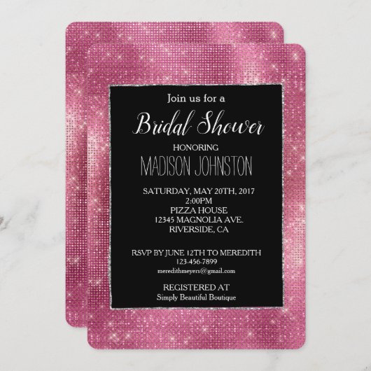 Dreamy Pink Black Glitzy Silver Sparkle Bridal Einladung (Vorne/Hinten)