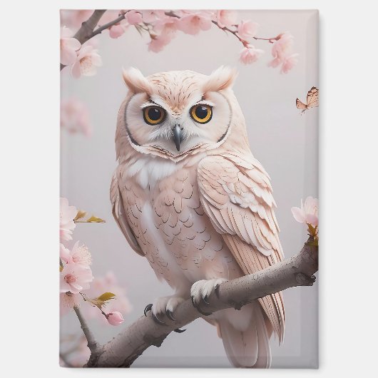Dreamy Pink Cherry Blüten Owl Magnet (Vorderseite)