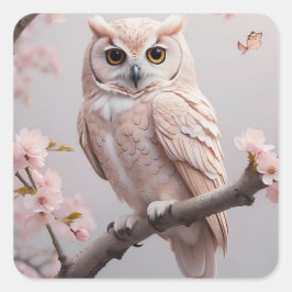 Dreamy Pink Cherry Blüten Owl Quadratischer Aufkleber