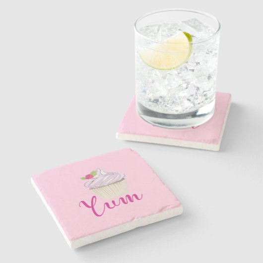 Dreamy Pink Cupcake mit Raspberry Yum! Steinuntersetzer (Seitenansicht)