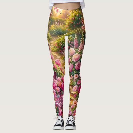 Dreamy Pink Flower Garden Path Painting Leggings (Vorderseite)
