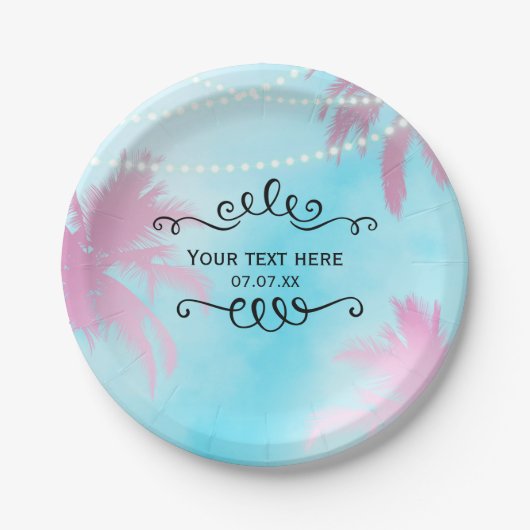 Dreamy Pink Palm Trees Blue Sky String Lights Pappteller (Vorderseite)