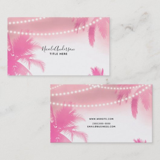 Dreamy Pink Palm Trees & String Lights Beachy Glam Visitenkarte (Vorne/Hinten)