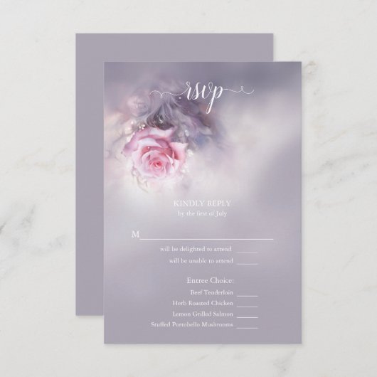 Dreamy Pink Rose auf Dusty Lilac Meal Choice RSVP Karte (Vorne/Hinten)