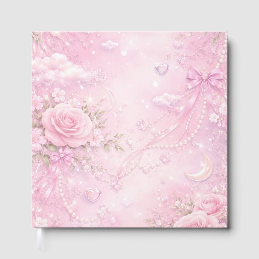 Dreamy Pink Rose Floral Pearls Bows Sparkle Pastel Gästebuch (Vorderseite)