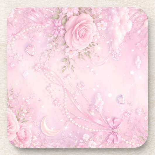 Dreamy Pink Rose Floral Pearls Bows Sparkles Getränkeuntersetzer (Vorderseite)